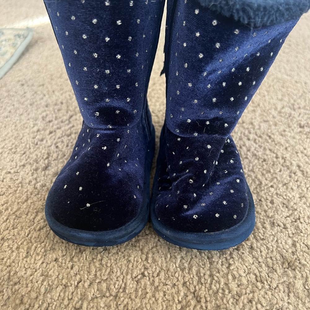 Navy Blue Velvet Toddler Girl Boots with Silver Glittery Dots Size 5